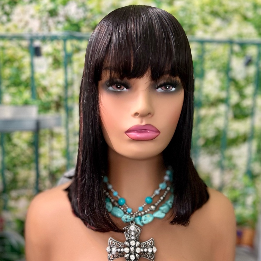 100% Human Hair Soft Black or 3B Brown with Burgundy and Blonde Highlights Wig